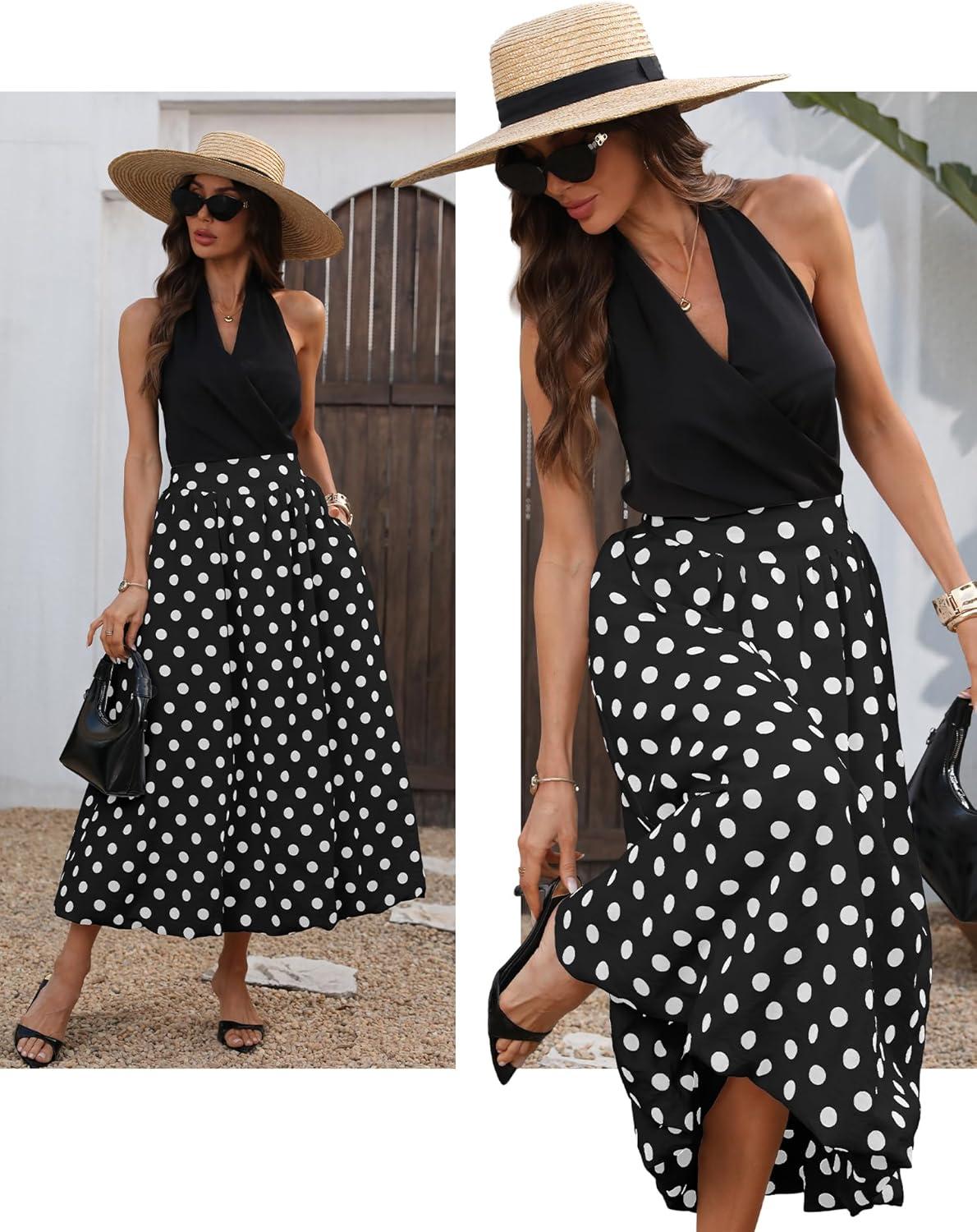 image:imageELLEVEN Womens Bubble Maxi Skirt Elastic Waist Puffy Hem ALine Skirt with PocketsBlack Polka Dots