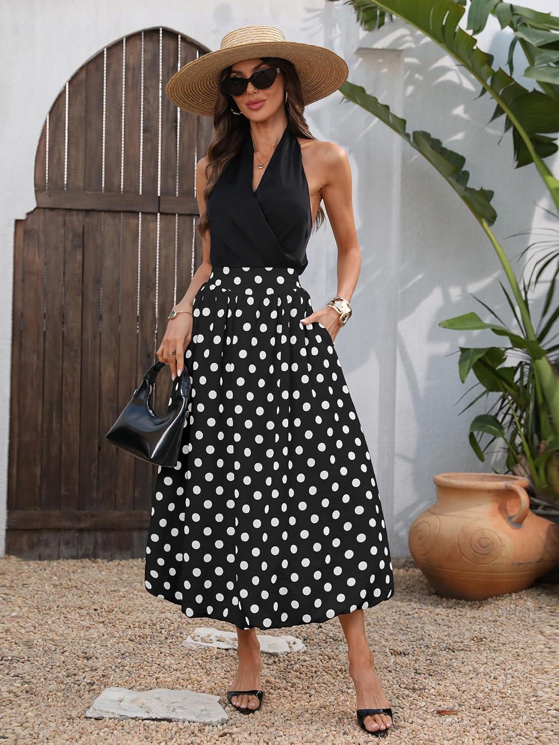 image:imageELLEVEN Womens Bubble Maxi Skirt Elastic Waist Puffy Hem ALine Skirt with PocketsBlack Polka Dots