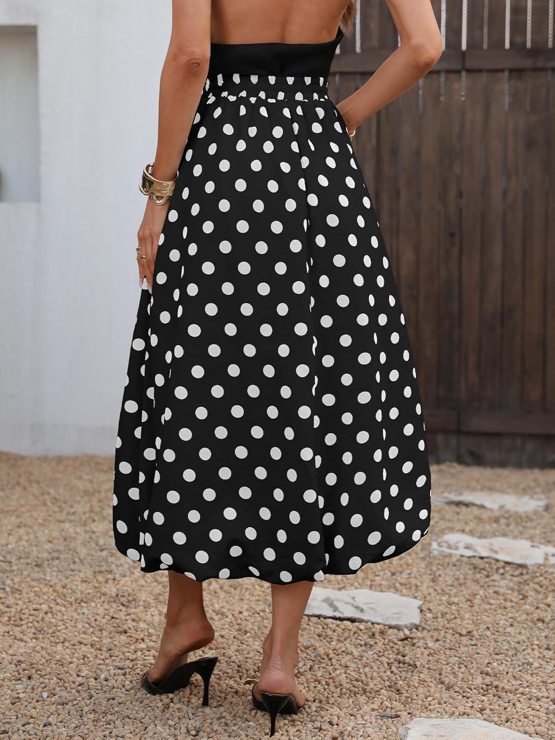 image:imageELLEVEN Womens Bubble Maxi Skirt Elastic Waist Puffy Hem ALine Skirt with PocketsBlack Polka Dots