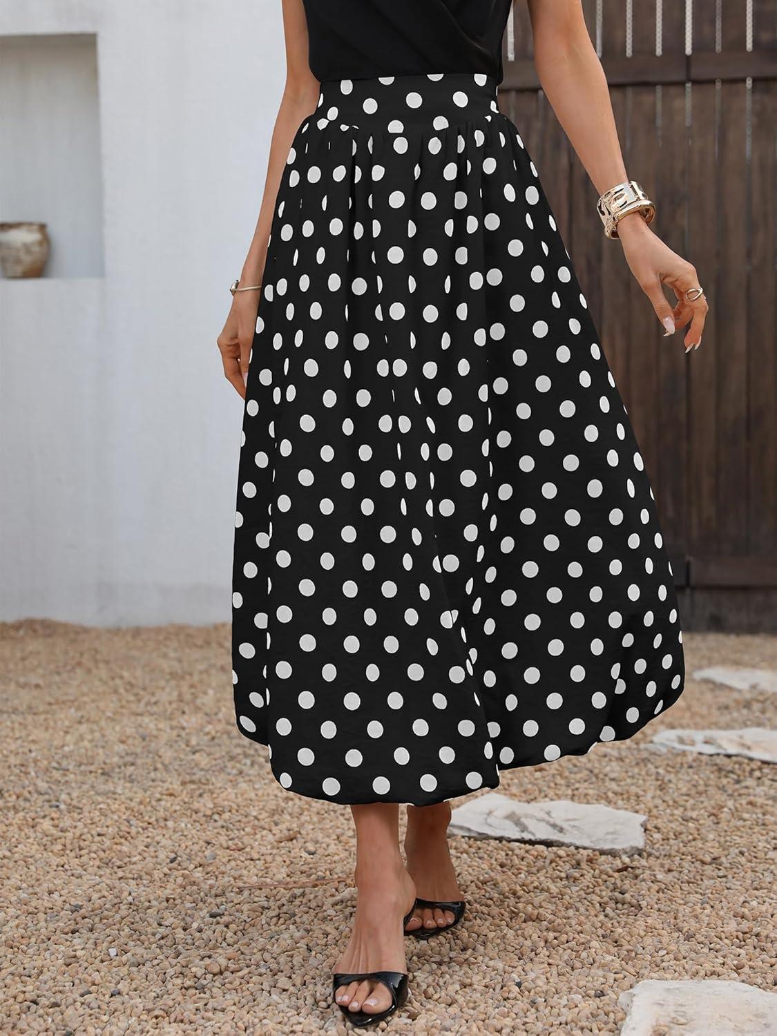 image:imageELLEVEN Womens Bubble Maxi Skirt Elastic Waist Puffy Hem ALine Skirt with PocketsBlack Polka Dots