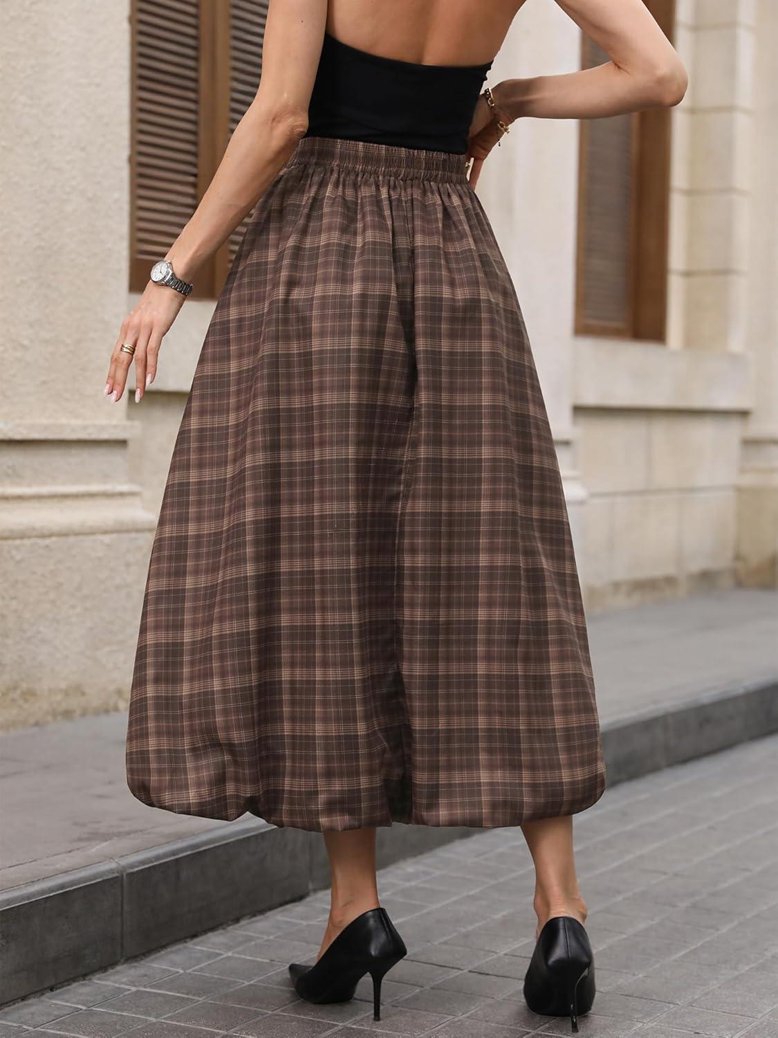 image:imageELLEVEN Womens Bubble Maxi Skirt Elastic Waist Puffy Hem ALine Skirt with PocketsBrown Plaid Print