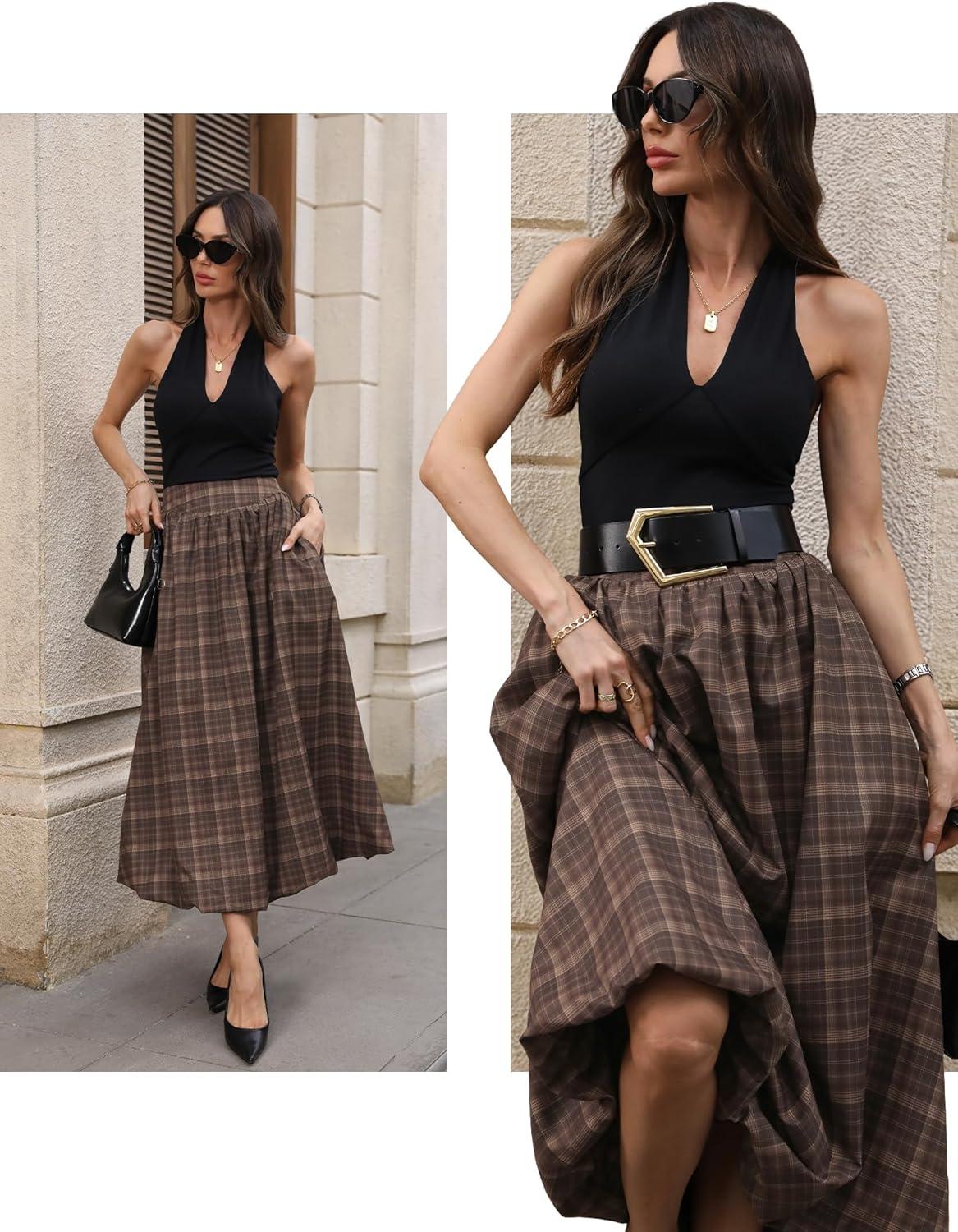 image:imageELLEVEN Womens Bubble Maxi Skirt Elastic Waist Puffy Hem ALine Skirt with PocketsBrown Plaid Print