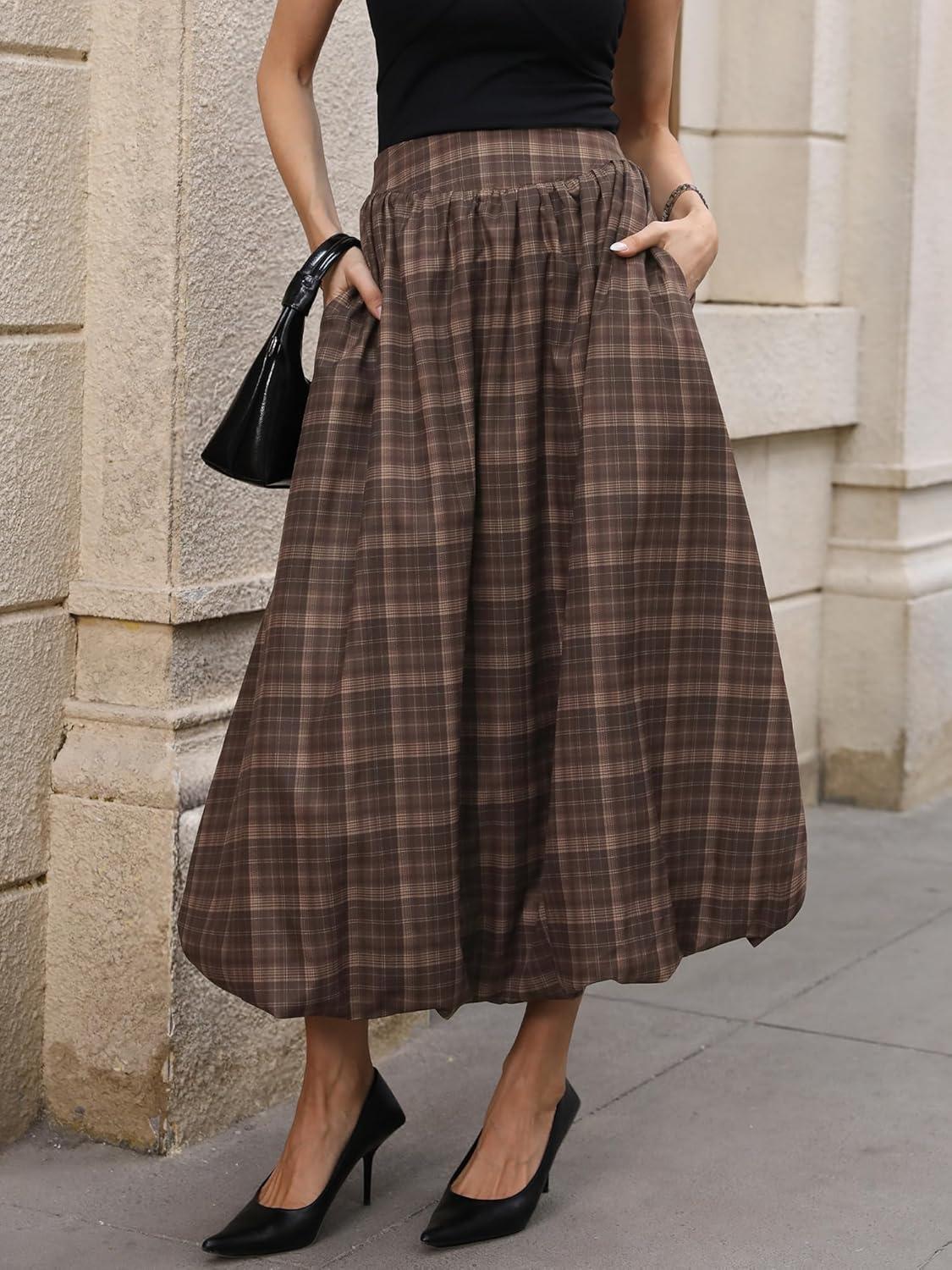image:imageELLEVEN Womens Bubble Maxi Skirt Elastic Waist Puffy Hem ALine Skirt with PocketsBrown Plaid Print