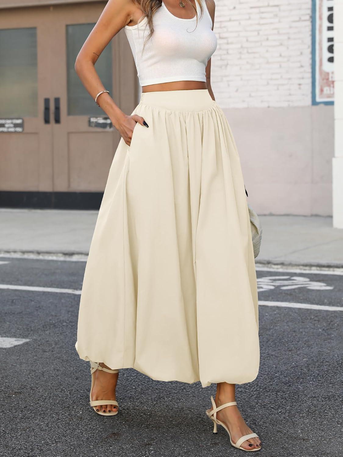 image:imageELLEVEN Womens Bubble Maxi Skirt Elastic Waist Puffy Hem ALine Skirt with PocketsCream Apricot