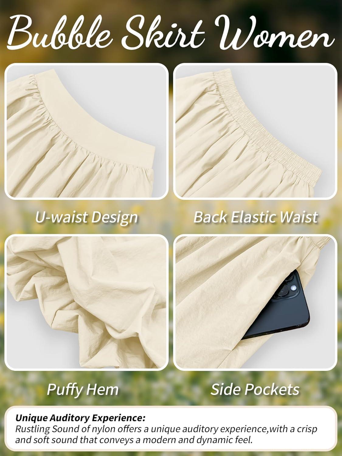 image:imageELLEVEN Womens Bubble Maxi Skirt Elastic Waist Puffy Hem ALine Skirt with PocketsCream Apricot