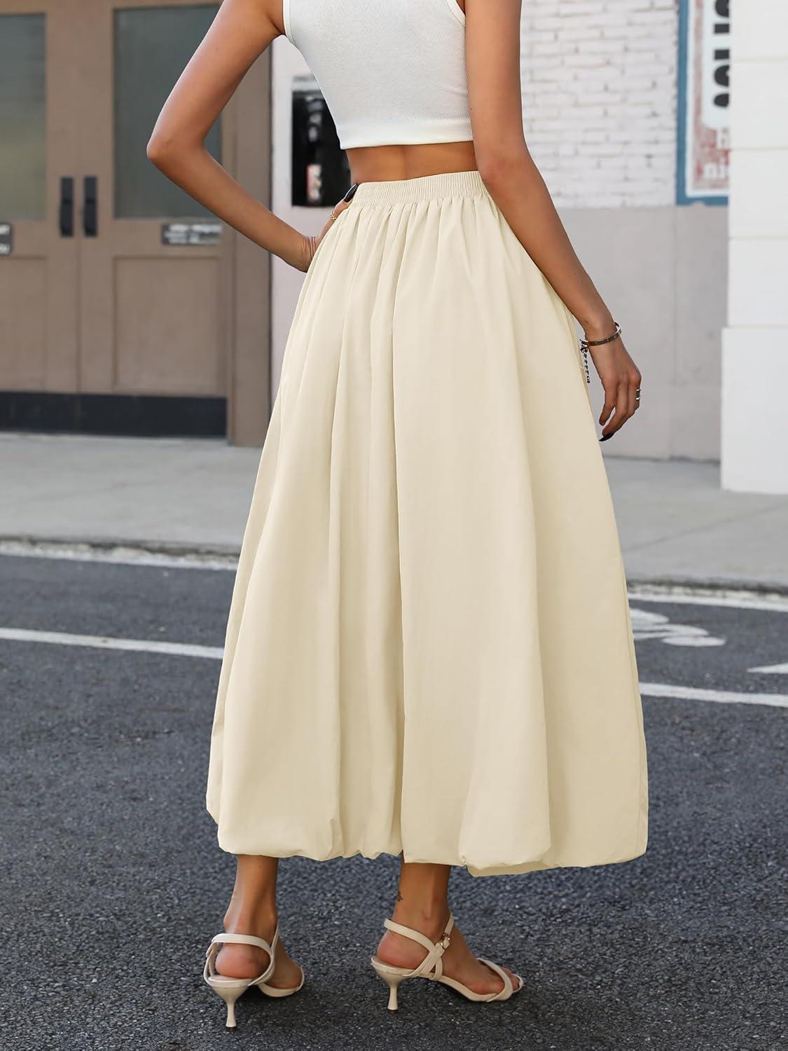 image:imageELLEVEN Womens Bubble Maxi Skirt Elastic Waist Puffy Hem ALine Skirt with PocketsCream Apricot