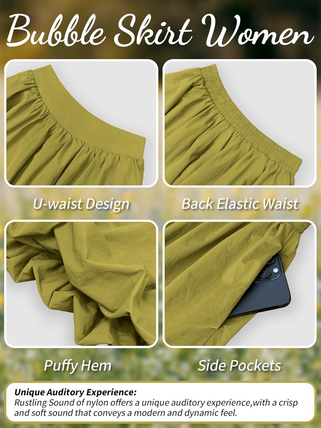 image:imageELLEVEN Womens Bubble Maxi Skirt Elastic Waist Puffy Hem ALine Skirt with PocketsGreen