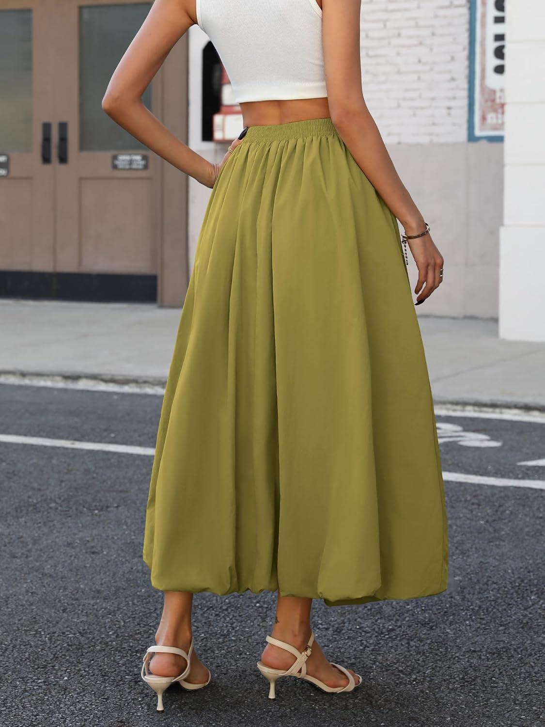 image:imageELLEVEN Womens Bubble Maxi Skirt Elastic Waist Puffy Hem ALine Skirt with PocketsGreen