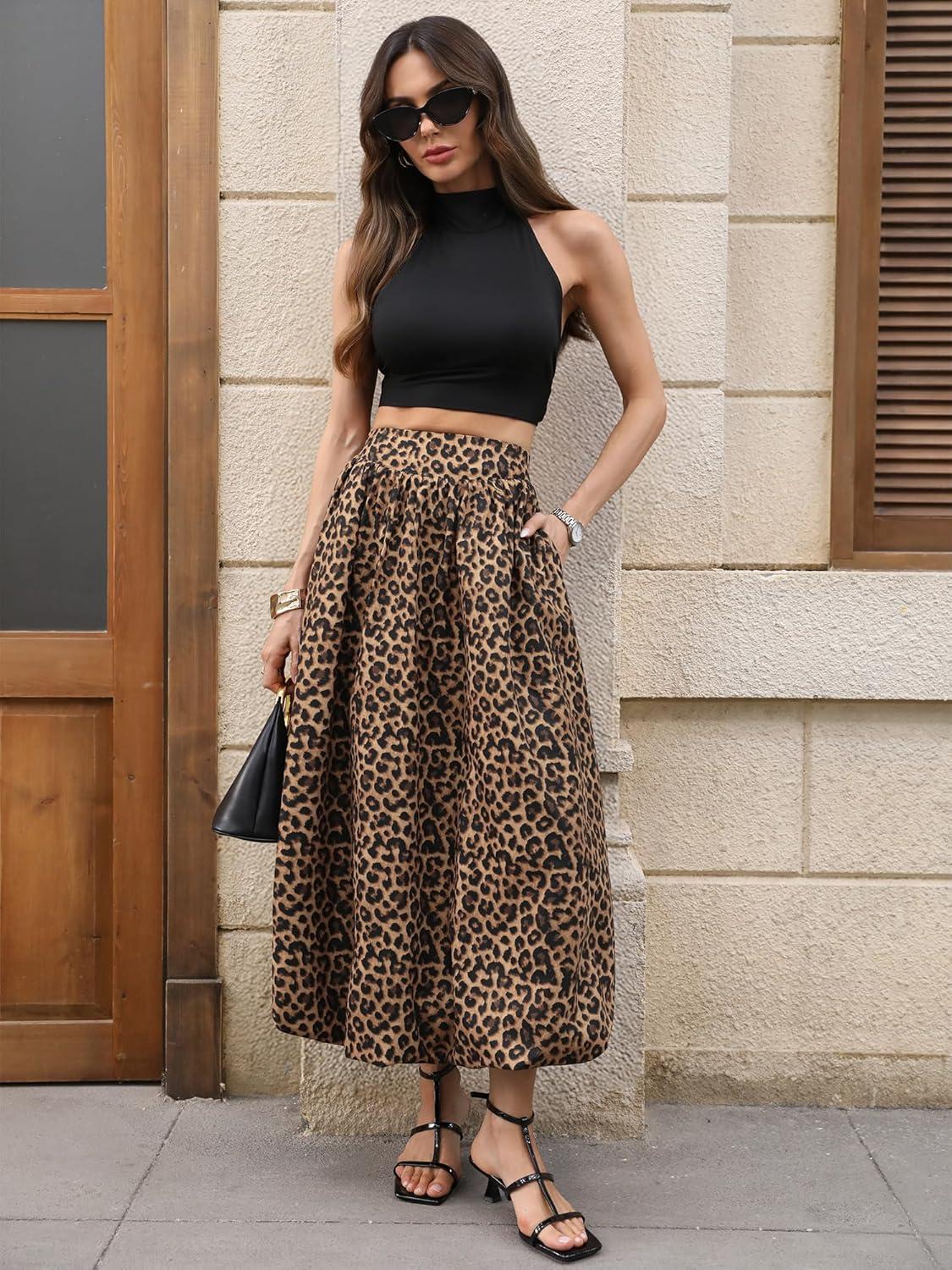 image:imageELLEVEN Womens Bubble Maxi Skirt Elastic Waist Puffy Hem ALine Skirt with PocketsLeopard Print