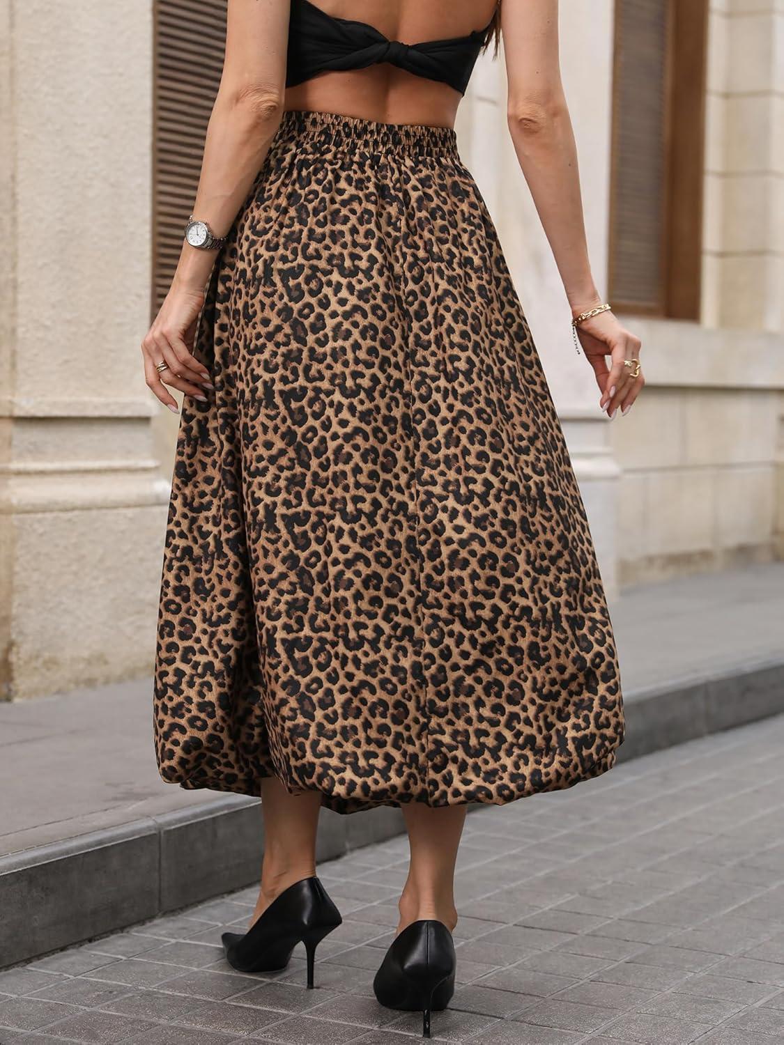 image:imageELLEVEN Womens Bubble Maxi Skirt Elastic Waist Puffy Hem ALine Skirt with PocketsLeopard Print