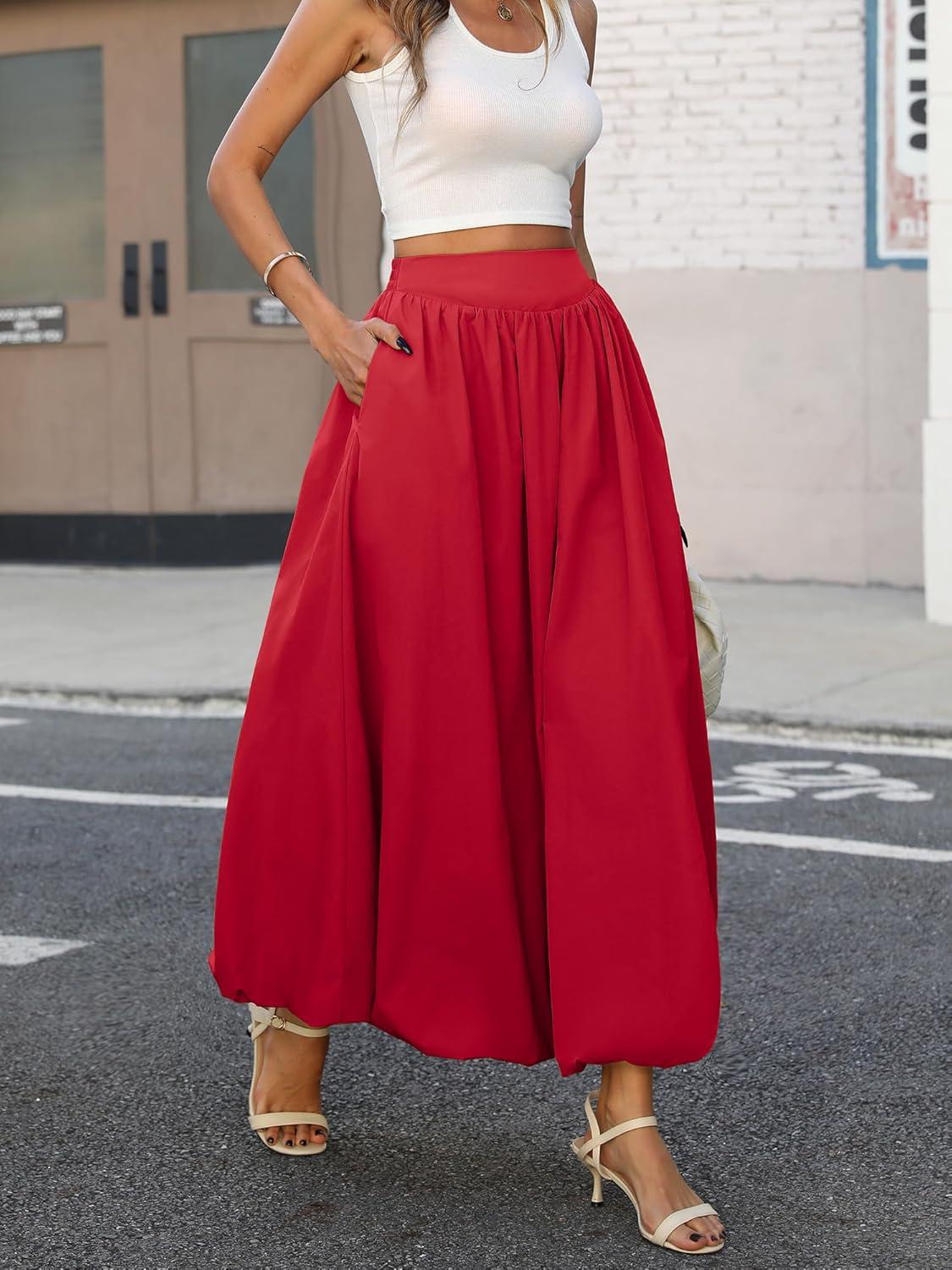 image:imageELLEVEN Womens Bubble Maxi Skirt Elastic Waist Puffy Hem ALine Skirt with PocketsRose Red