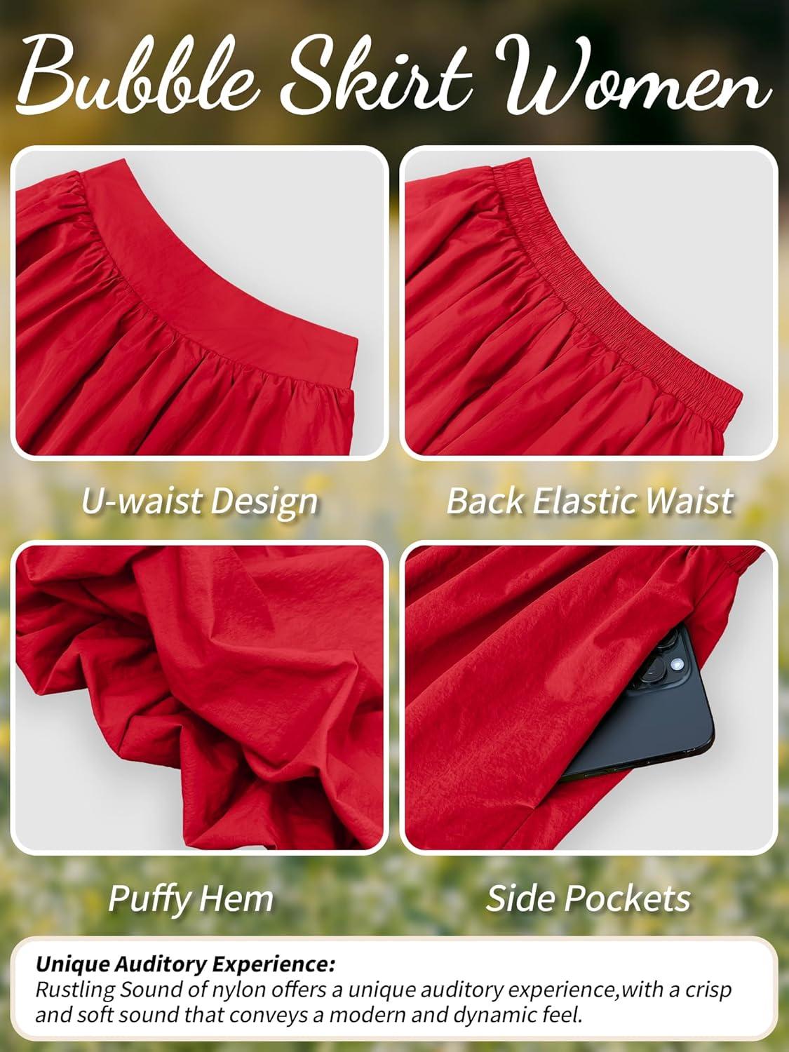 image:imageELLEVEN Womens Bubble Maxi Skirt Elastic Waist Puffy Hem ALine Skirt with PocketsRose Red