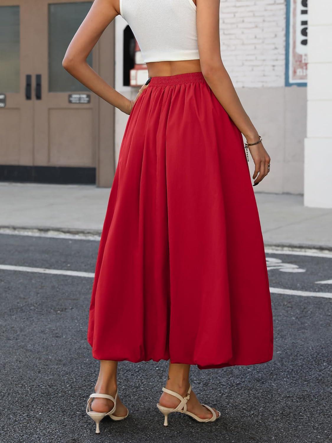 image:imageELLEVEN Womens Bubble Maxi Skirt Elastic Waist Puffy Hem ALine Skirt with PocketsRose Red