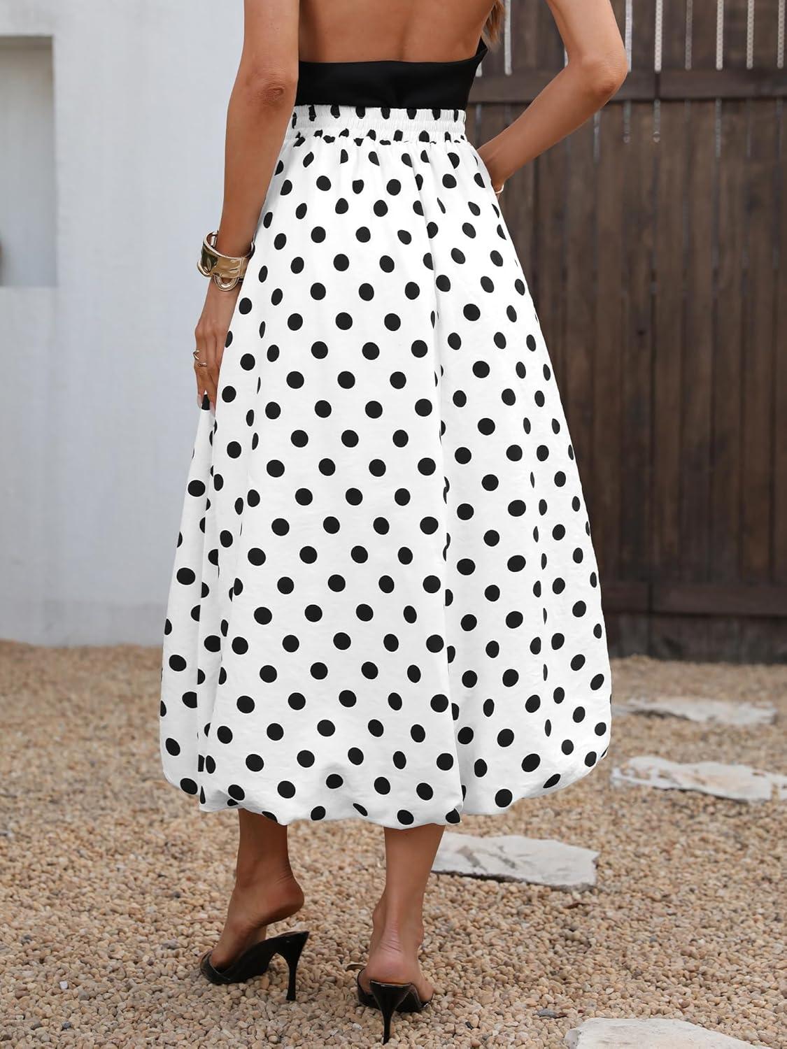 image:imageELLEVEN Womens Bubble Maxi Skirt Elastic Waist Puffy Hem ALine Skirt with PocketsWhite Polka Dots