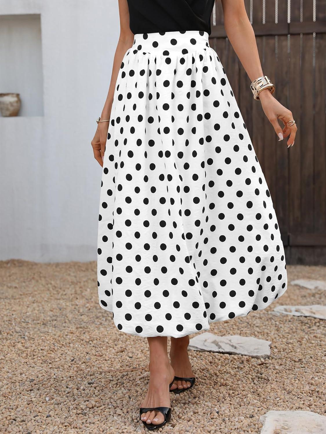 image:imageELLEVEN Womens Bubble Maxi Skirt Elastic Waist Puffy Hem ALine Skirt with PocketsWhite Polka Dots