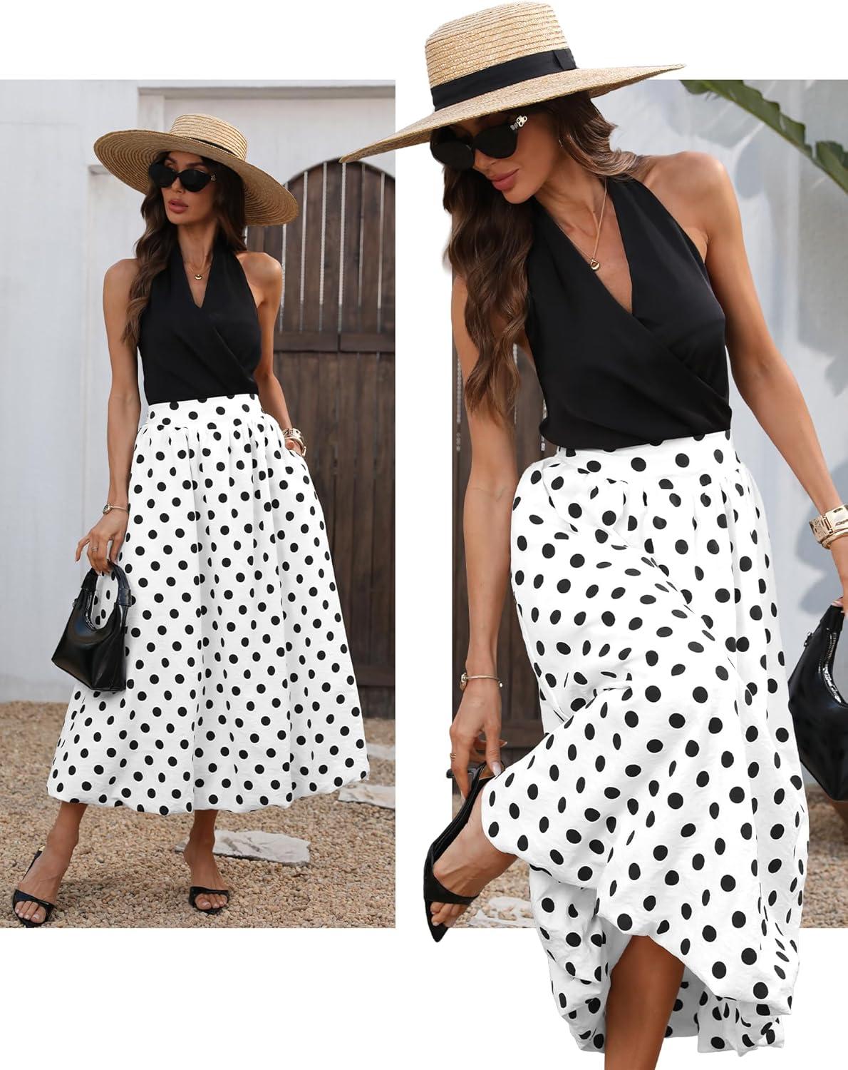 image:imageELLEVEN Womens Bubble Maxi Skirt Elastic Waist Puffy Hem ALine Skirt with PocketsWhite Polka Dots