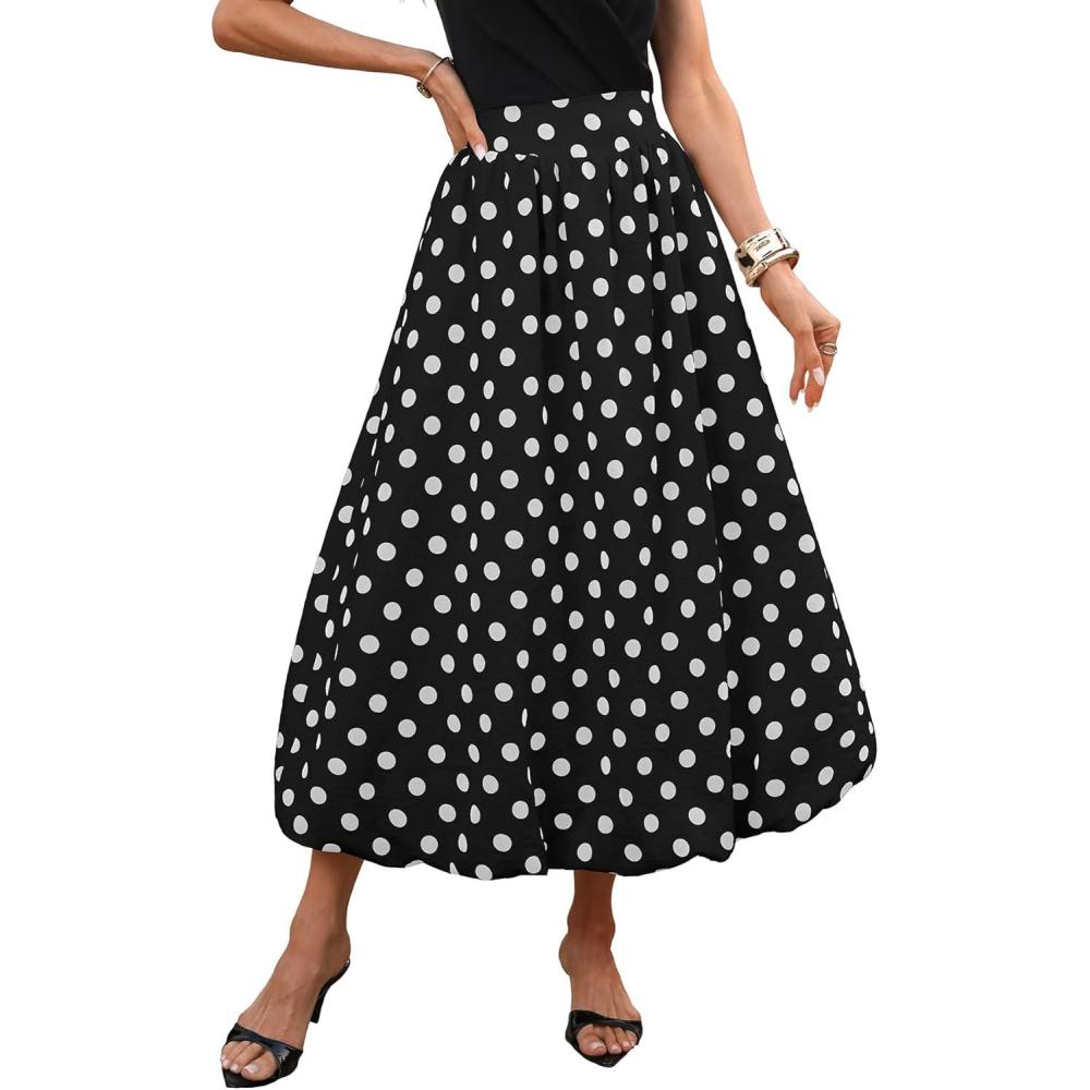 image:imageELLEVEN Womens Bubble Maxi Skirt Elastic Waist Puffy Hem ALine Skirt with PocketsBlack Polka Dots