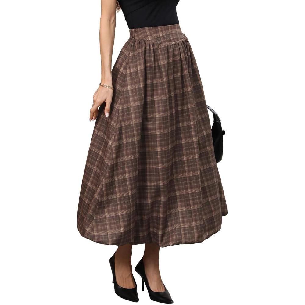 image:imageELLEVEN Womens Bubble Maxi Skirt Elastic Waist Puffy Hem ALine Skirt with PocketsBrown Plaid Print