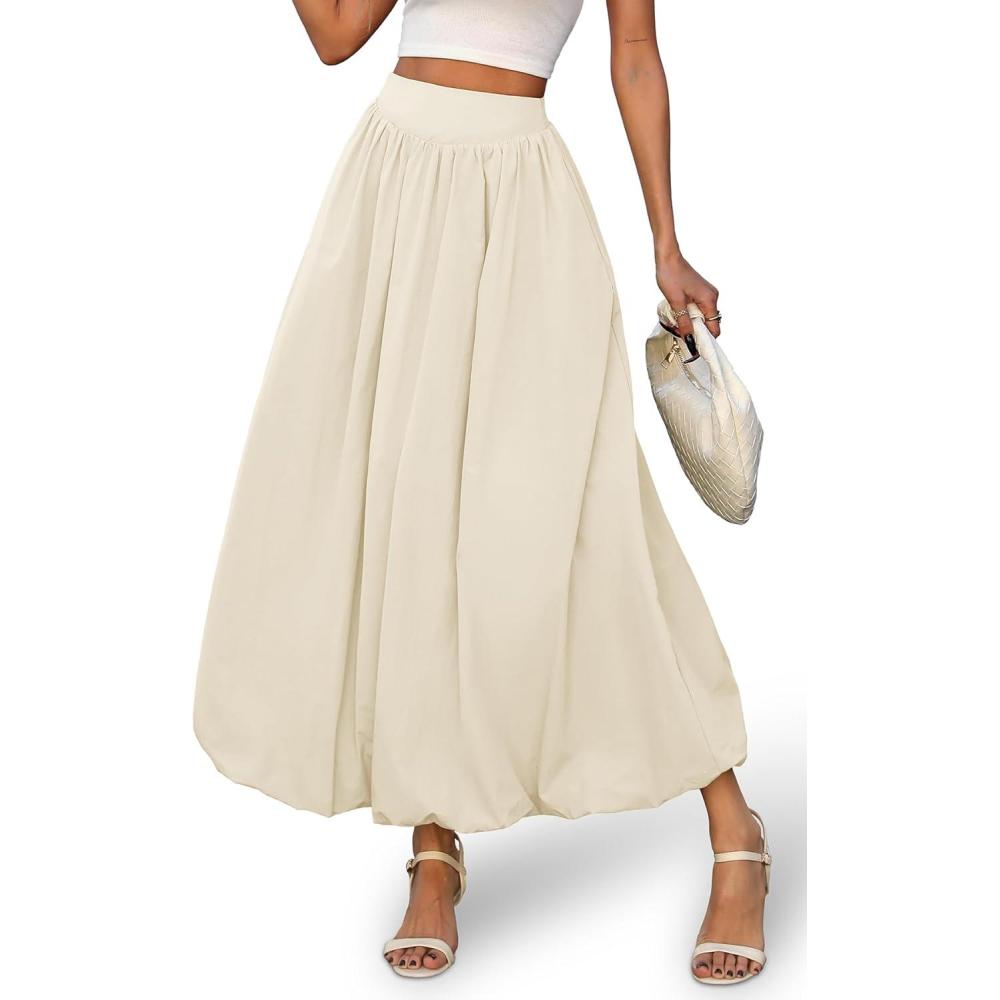 image:imageELLEVEN Womens Bubble Maxi Skirt Elastic Waist Puffy Hem ALine Skirt with PocketsCream Apricot
