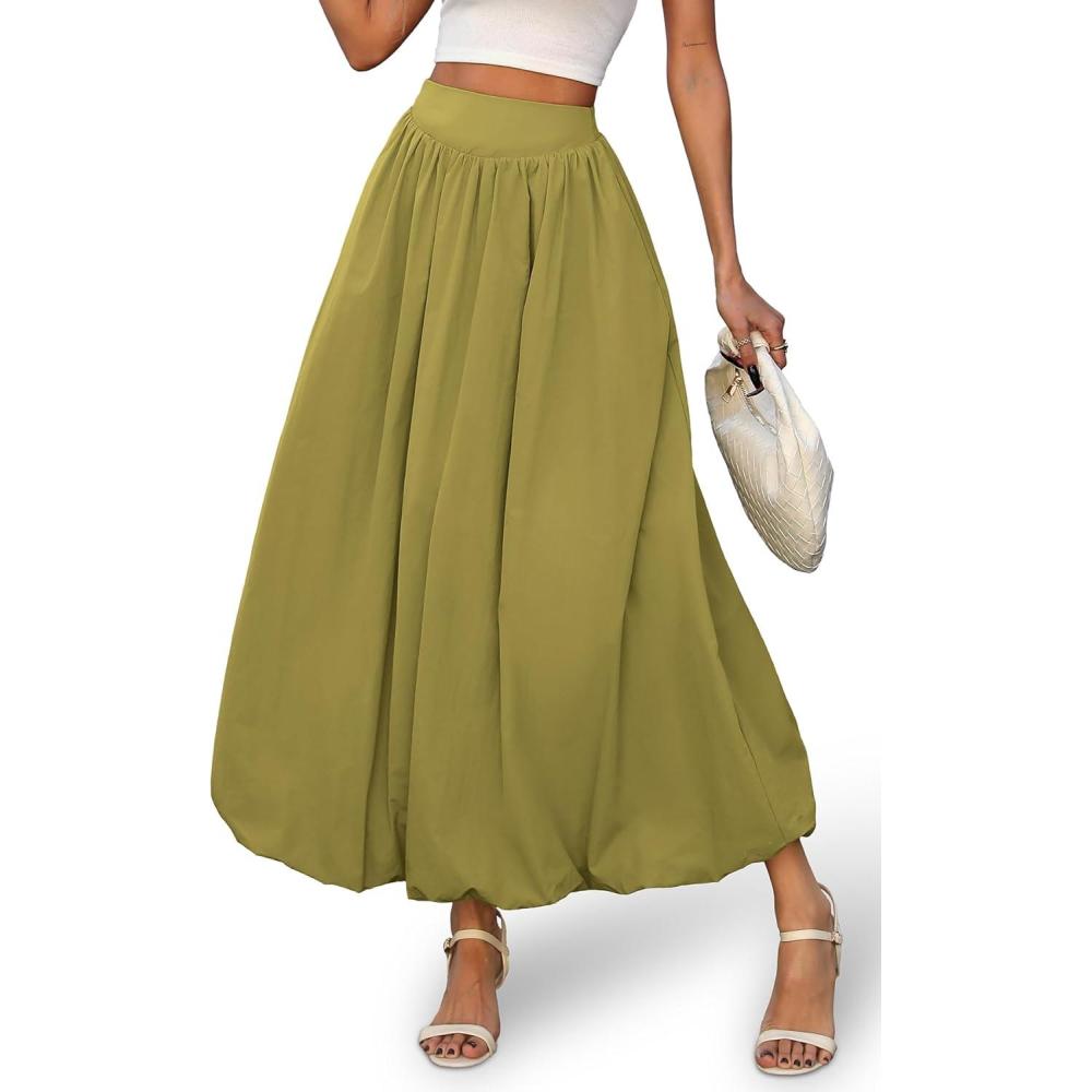image:imageELLEVEN Womens Bubble Maxi Skirt Elastic Waist Puffy Hem ALine Skirt with PocketsGreen