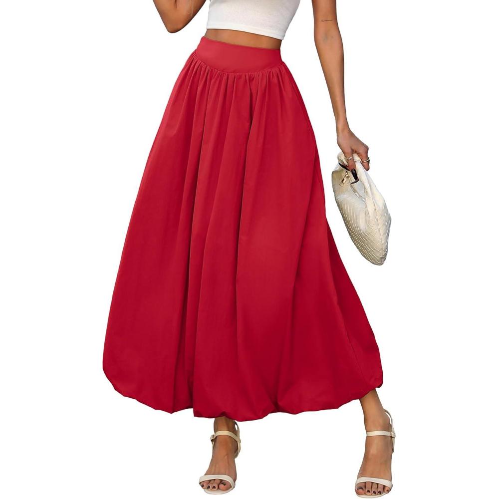 image:imageELLEVEN Womens Bubble Maxi Skirt Elastic Waist Puffy Hem ALine Skirt with PocketsRose Red
