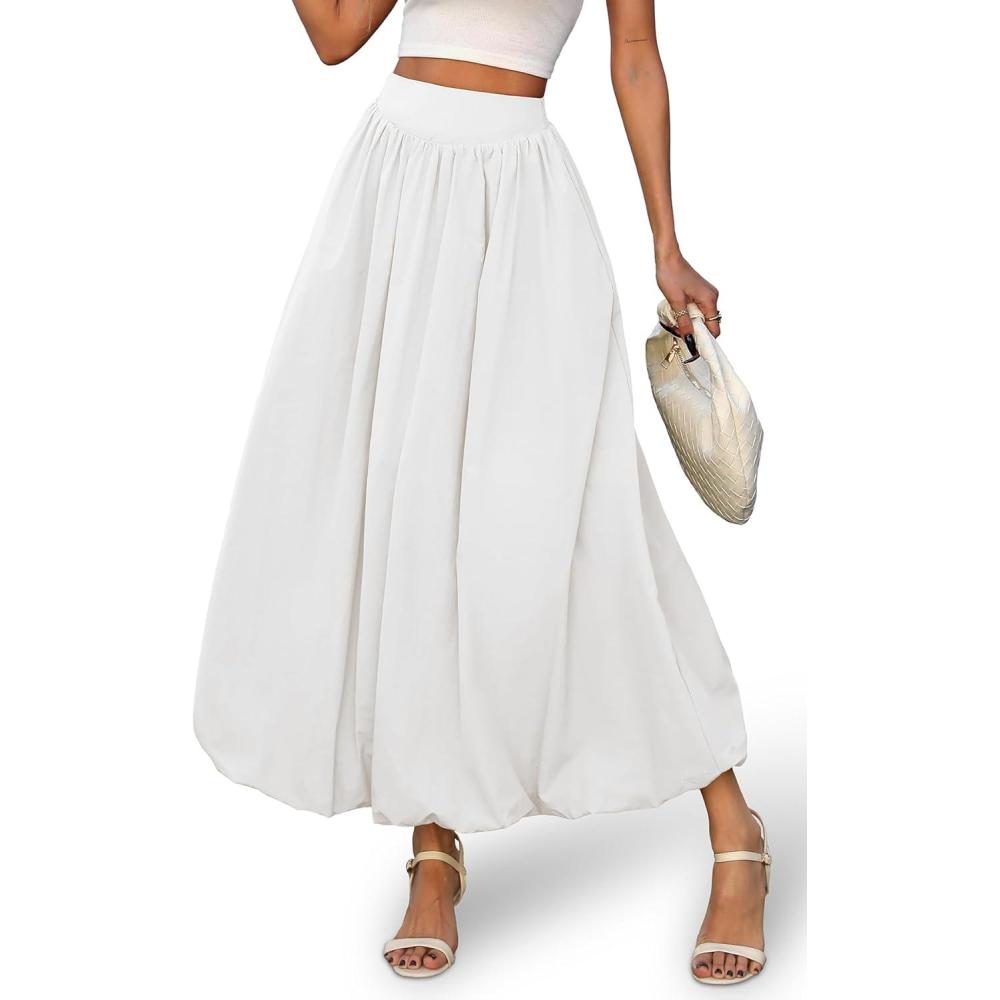 image:imageELLEVEN Womens Bubble Maxi Skirt Elastic Waist Puffy Hem ALine Skirt with PocketsWhite