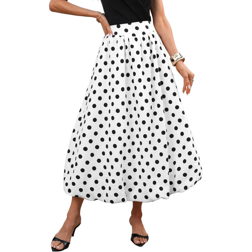 image:imageELLEVEN Womens Bubble Maxi Skirt Elastic Waist Puffy Hem ALine Skirt with PocketsWhite Polka Dots