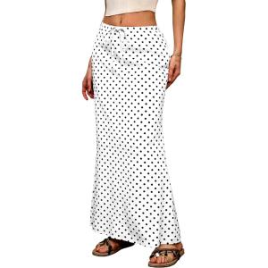 ELLEVEN Linen Flared Maxi Skirt with Back Slit – Elastic Waist Drawstring Long Flowy Ankle-Length Skirt(Polka Dots)