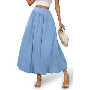 ELLEVEN Women’s Bubble Maxi Skirt, Elastic Waist Puffy Hem A-Line Skirt with Pockets(Airy Blue)