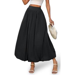 ELLEVEN Women’s Bubble Maxi Skirt, Elastic Waist Puffy Hem A-Line Skirt with Pockets(Black)