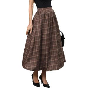 ELLEVEN Women’s Bubble Maxi Skirt, Elastic Waist Puffy Hem A-Line Skirt with Pockets(Brown Plaid Print)