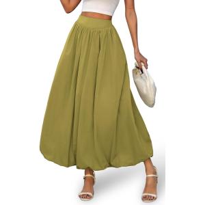 ELLEVEN Women’s Bubble Maxi Skirt, Elastic Waist Puffy Hem A-Line Skirt with Pockets(Green)