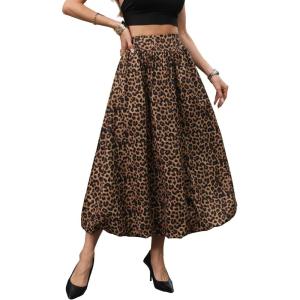 ELLEVEN Women’s Bubble Maxi Skirt, Elastic Waist Puffy Hem A-Line Skirt with Pockets(Leopard Print)