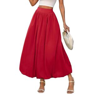 ELLEVEN Women’s Bubble Maxi Skirt, Elastic Waist Puffy Hem A-Line Skirt with Pockets(Rose Red)