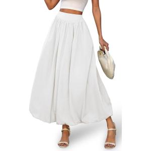 ELLEVEN Women’s Bubble Maxi Skirt, Elastic Waist Puffy Hem A-Line Skirt with Pockets(White)