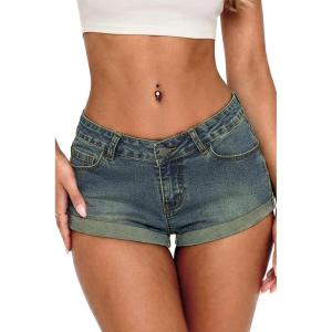 ELLEVEN Womens Low Rise Mini Jean Shorts,Stretchy Micro Denim Shorts Y2k Streetwear Sexy Summer(Vintage Blue Denim)