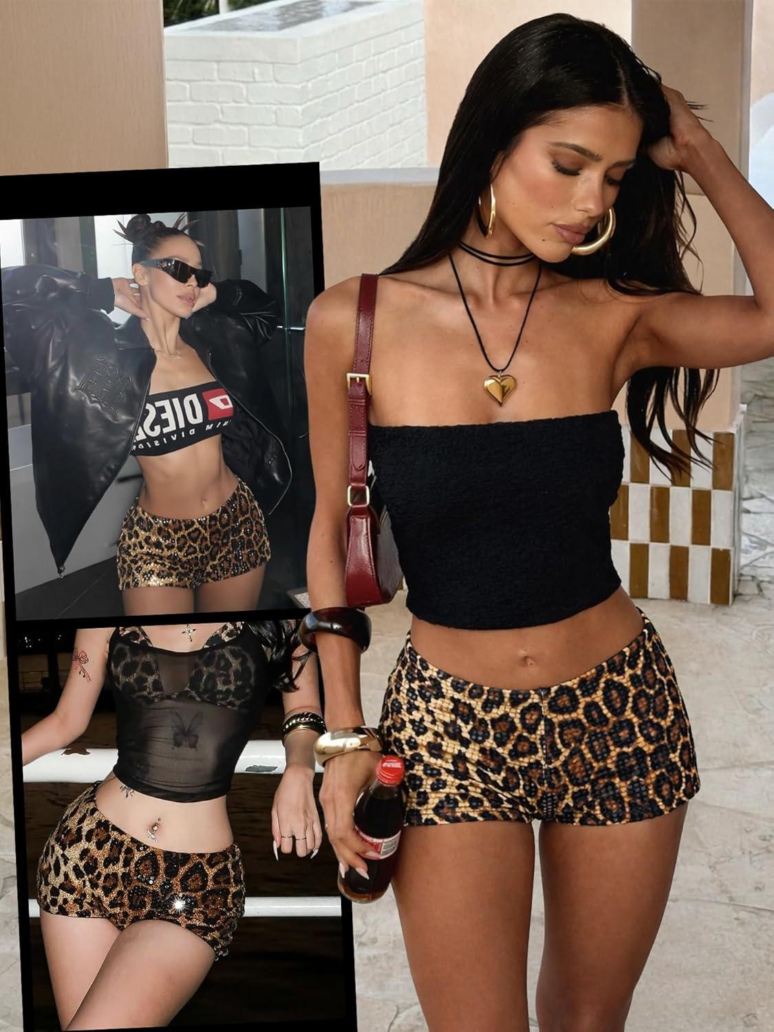 image:imageELLEVEN Womens Leopard Print Sequin Micro Shorts Y2k Low Rise Sexy Sparkly Mini Booty Shorts Rave Party Club OutfitsBrown Leopard