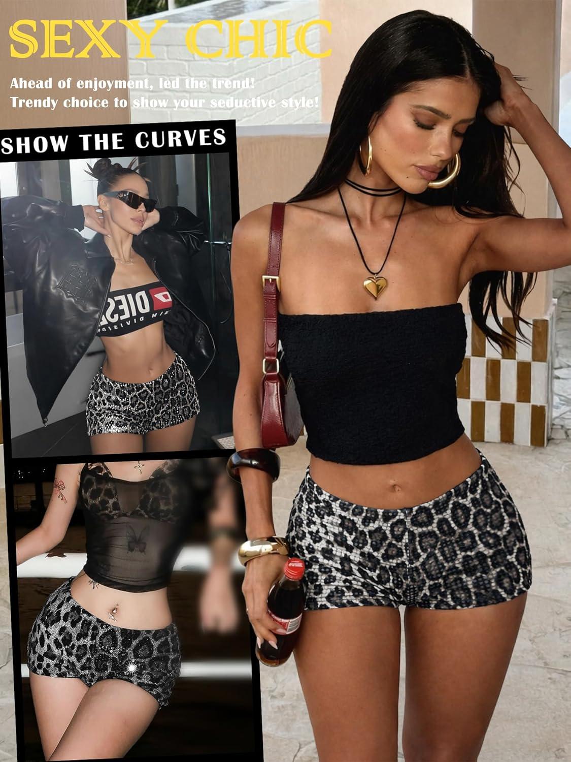 image:imageELLEVEN Womens Leopard Print Sequin Micro Shorts Y2k Low Rise Sexy Sparkly Mini Booty Shorts Rave Party Club OutfitsGrey Leopard