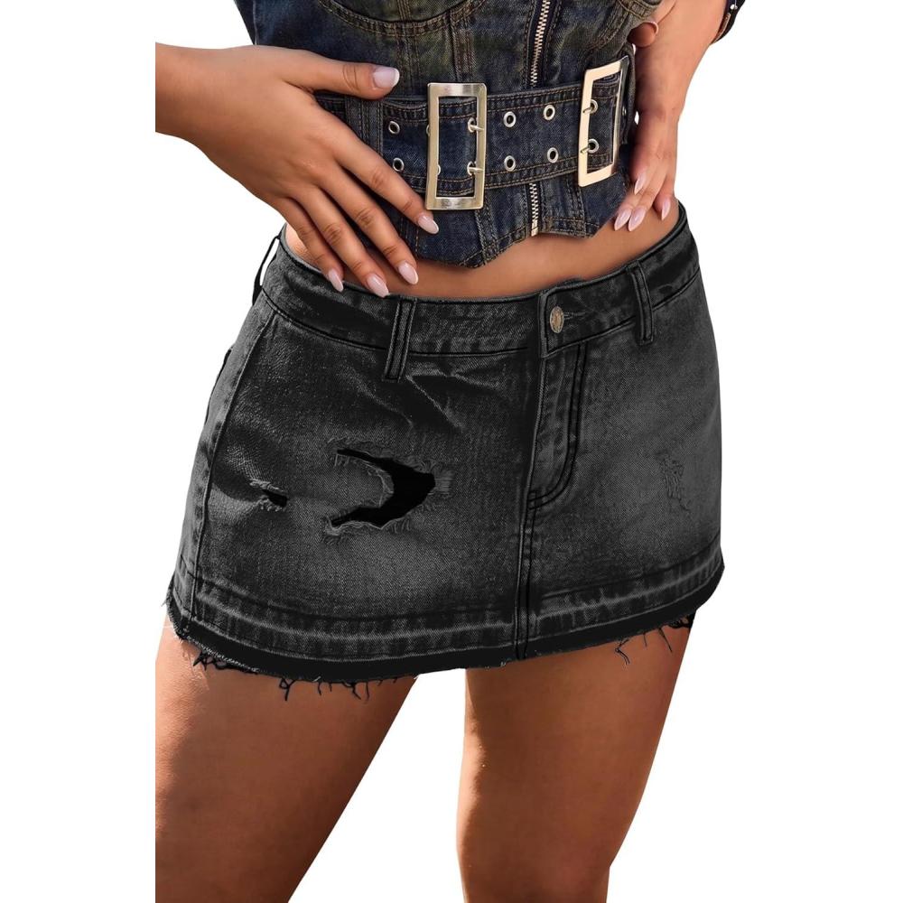 image:imageELLEVEN Low Rise Denim Skorts for WomenHigh Stretchy Y2K Mini Distressed Jean Skirt with Shorts UnderneathDenim Black