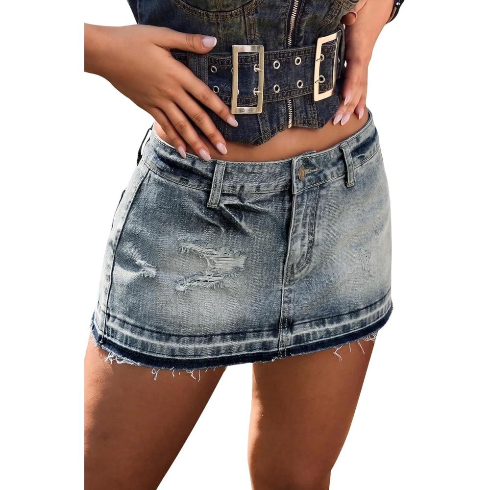 image:imageELLEVEN Low Rise Denim Skorts for WomenHigh Stretchy Y2K Mini Distressed Jean Skirt with Shorts UnderneathDenim Blue