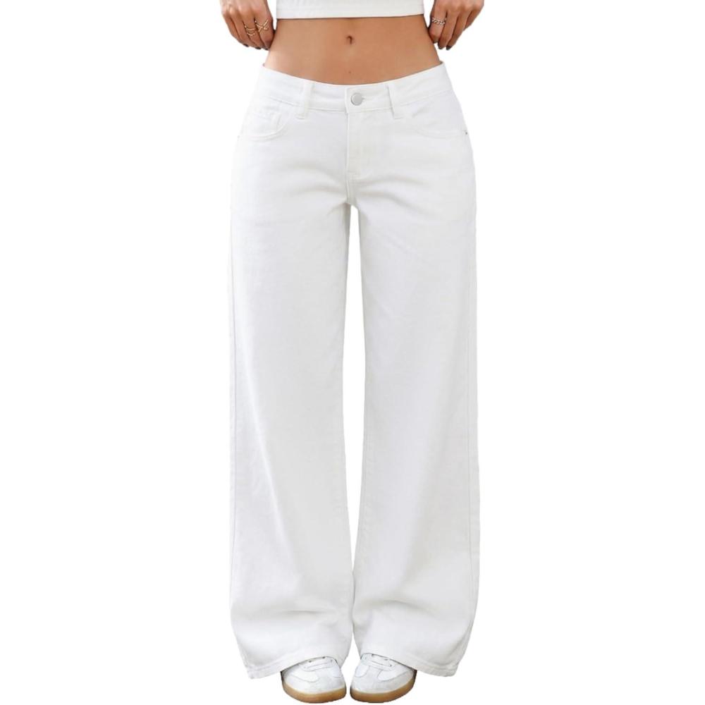 image:imageELLEVEN LowRise Baggy Jeans for Women Y2k Wide Leg Loose Denim Pants Stretchy Boyfriend Long JeansWhite
