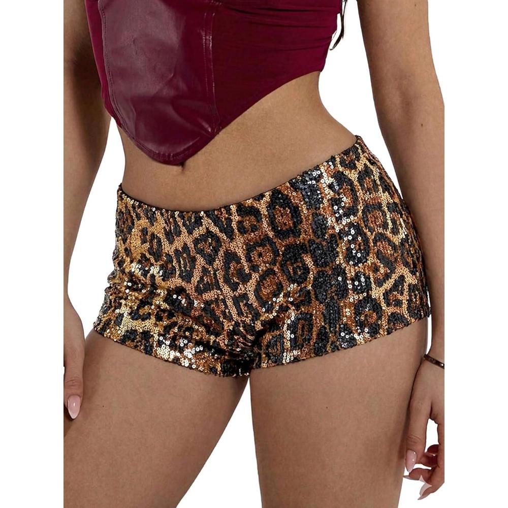image:imageELLEVEN Womens Leopard Print Sequin Micro Shorts Y2k Low Rise Sexy Sparkly Mini Booty Shorts Rave Party Club OutfitsBrown Leopard
