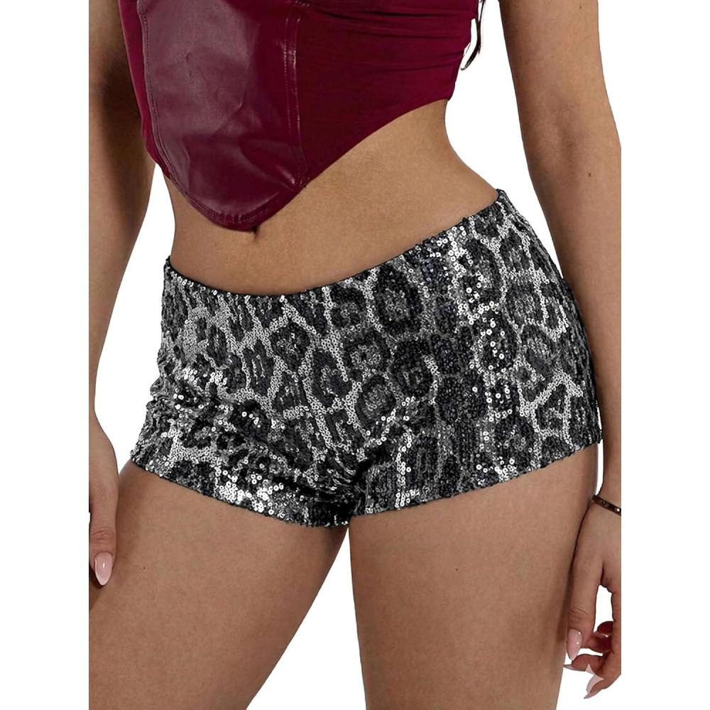 image:imageELLEVEN Womens Leopard Print Sequin Micro Shorts Y2k Low Rise Sexy Sparkly Mini Booty Shorts Rave Party Club OutfitsGrey Leopard