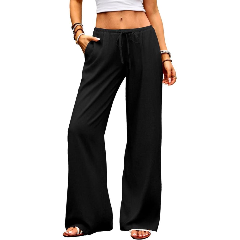image:imageELLEVEN Womens Low Rise Wide Leg Linen Pants Baggy Lightweight Flowy Palazzo Trousers Summer Beach Vacation ClothesBlack