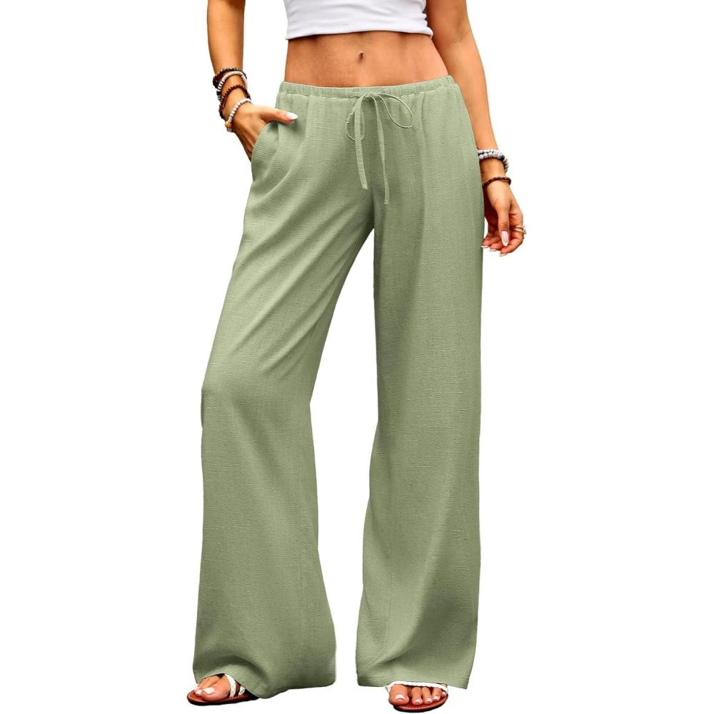 image:imageELLEVEN Womens Low Rise Wide Leg Linen Pants Baggy Lightweight Flowy Palazzo Trousers Summer Beach Vacation ClothesGreen
