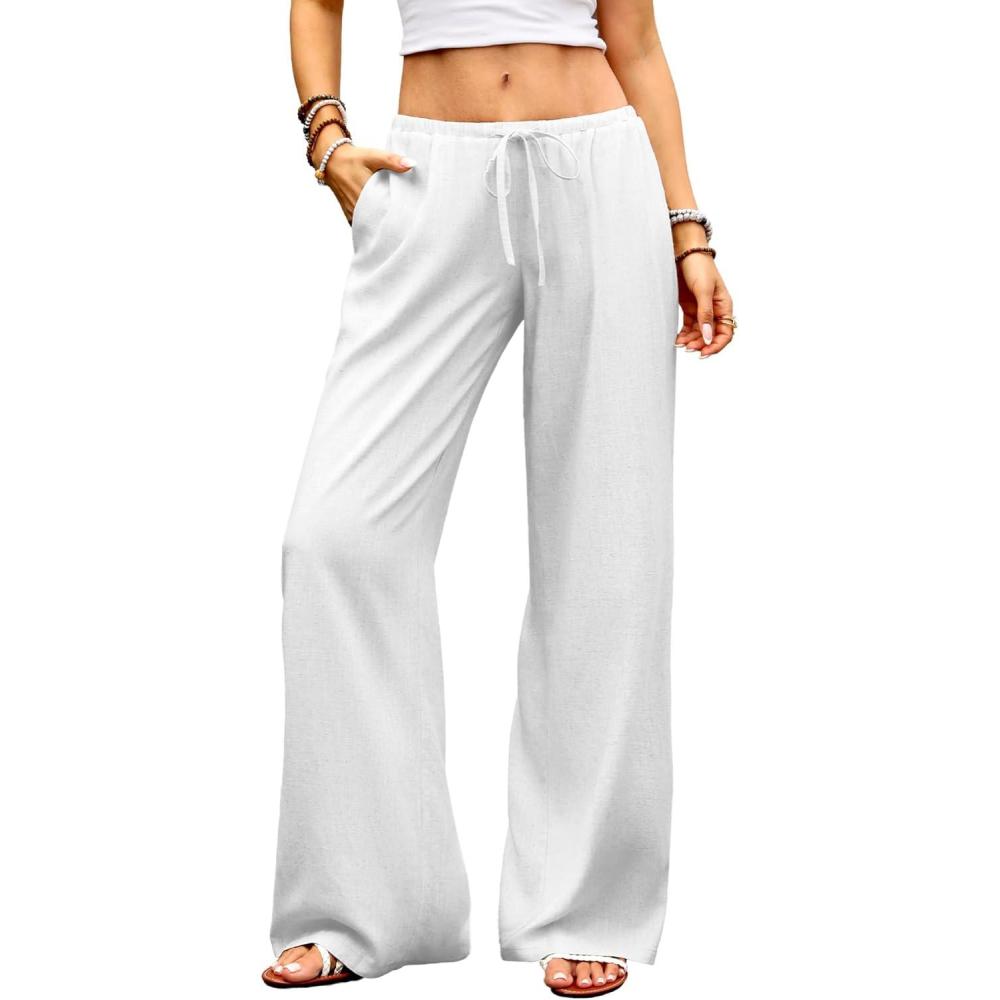 image:imageELLEVEN Womens Low Rise Wide Leg Linen Pants Baggy Lightweight Flowy Palazzo Trousers Summer Beach Vacation ClothesWhite