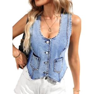 ELLEVEN Denim Vest for Women,High Stretch V-Neck Western Country Style Sleeveless Jean Top Vest with Functional Pockets(Blue Denim)