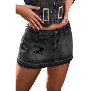 ELLEVEN Low Rise Denim Skorts for Women,High Stretchy Y2K Mini Distressed Jean Skirt with Shorts Underneath(Denim Black)
