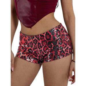 ELLEVEN Women’s Leopard Print Sequin Micro Shorts Y2k Low Rise Sexy Sparkly Mini Booty Shorts Rave Party Club Outfits(Burgundy Leopard)