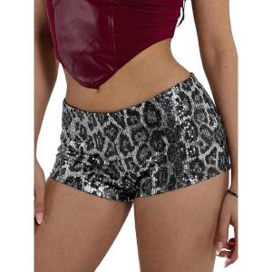 ELLEVEN Women’s Leopard Print Sequin Micro Shorts Y2k Low Rise Sexy Sparkly Mini Booty Shorts Rave Party Club Outfits(Grey Leopard)